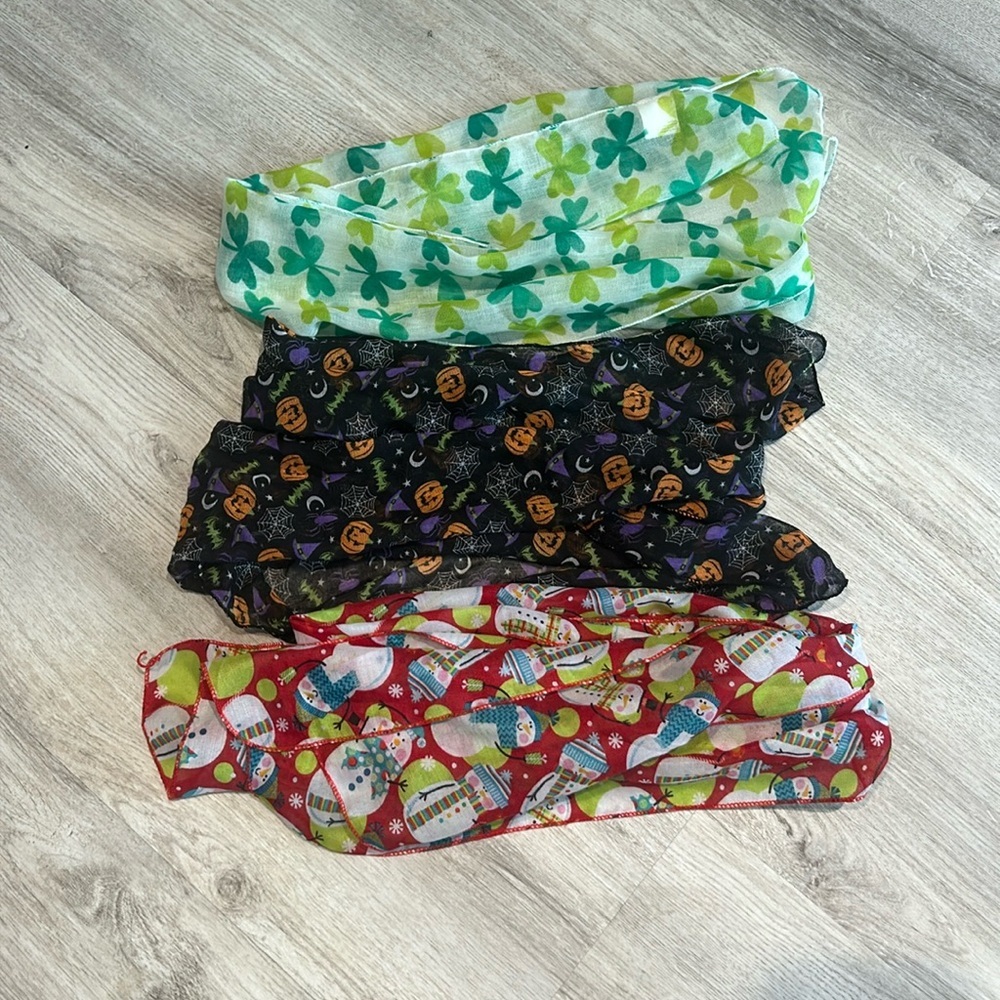 Holiday scarfs lot of 3 Christmas, Halloween and St. Patrick’s Day